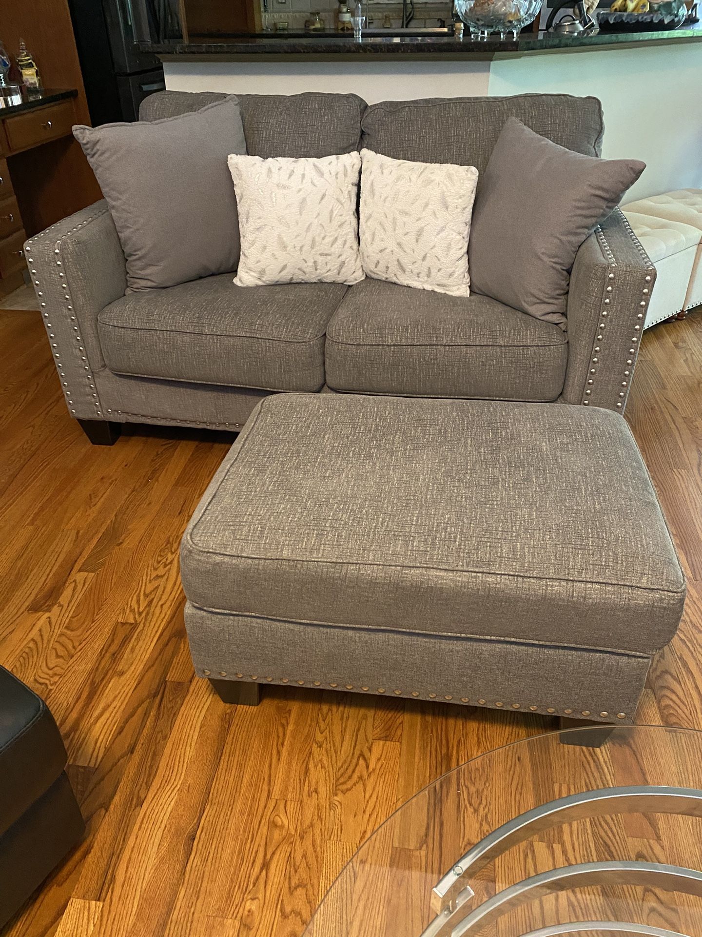 ASHLEY FURNITURE GREY LOVESEAT & OTTOMAN