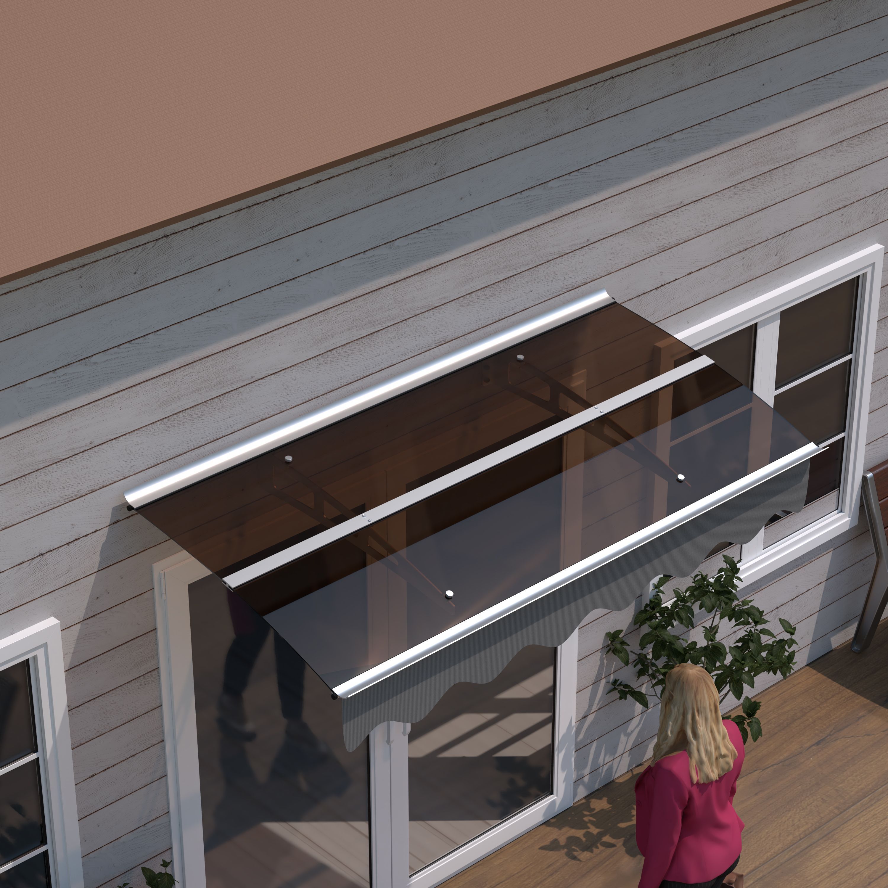 DA5934W Series Door Window Awning Canopy Made of 0.137 Inch Thick Crystal Solid Polycarbonate Sheet and Aluminum Alloy with Valance in size of 59 Wide