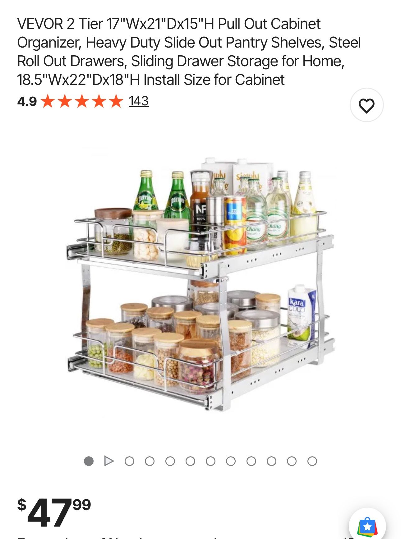 VEVOR 2 Tier 17"Wx21"Dx15"H Pull Out Cabinet Organizer, Heavy Duty Slide Out Pantry Shelves