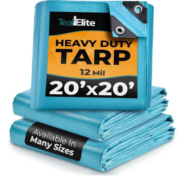 20x20 Heavy-Duty Waterproof Tarp โ 12mil Thick, UV Resistant, Rip-Proof w/ Metal Grommets (Blue)