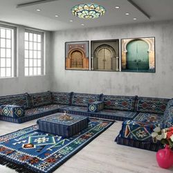 Blue Floor Seating Sofa , Arabic Majlis Jalsa , Afghan Toshak , Morroccan Sofa , Turkish Sofa 