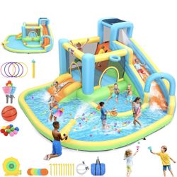 Kids Bounce House Waterslide, 12.8x12FT 12-in-1 Bouncy Castle With Catch Ball Set, Toss Rings, Water Soaker Balls, Water Gun, Basketball - 2 Slides & 