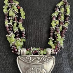 Olive Green Peridot And Garnet Stone With 925 Sterling Silver Pendant Necklace 
