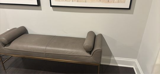Taupe Leather Upholstered Bench with Gold Metal Base