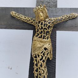 Unique hand made cross of soldered brass wire  on wood 