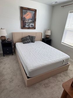 Beige Upholstered Queen Bed Frame With Hydraulic Storage