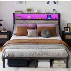 New Full Bed Frame with Headboard, RGB LED Light & Charging Station, Heavy Duty Metal Bedframe Full Size, Smart Bed Frames, Noise Free, No Box Spring 