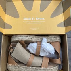 Soludos Capri Size 9 Leather Sandals Ankle Strap Block Heel Camel Beige Brown