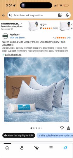 2 pack Popfavor Queen Cooling Shredded Memory Foam Pillows 2-Pack