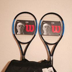 Two New Wilson Ultra 100L v2 Tennis Racquets, New Athletic Carrying Bag, Extra Grips & Can of Balls