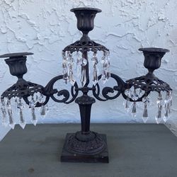 Cast-Iron/Crystal-Prisms Ornate Victorian-Style 3-Arm Table Candelabra Candleholder (Height: 12”)