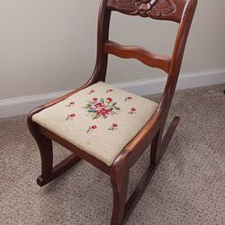 Vintage Antique Children's / Kid's Rocking Chair Carved Wood Design Embroidered Seat