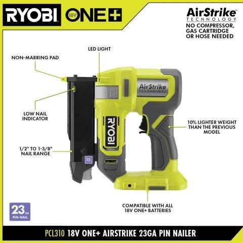 NEW RYOBI PCL310B ONE+ 18V Cordless Airstrike 23 Gauge Pin Nailer