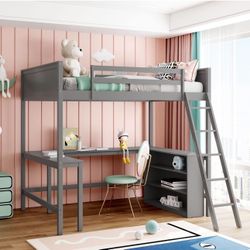 Full Size Loft Bed with Desk and Storage Shelves Bookcase