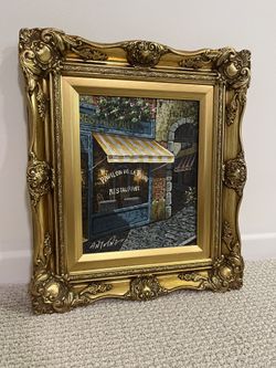 Ornate Painting On Canvas Gold Frame French Hotel France 