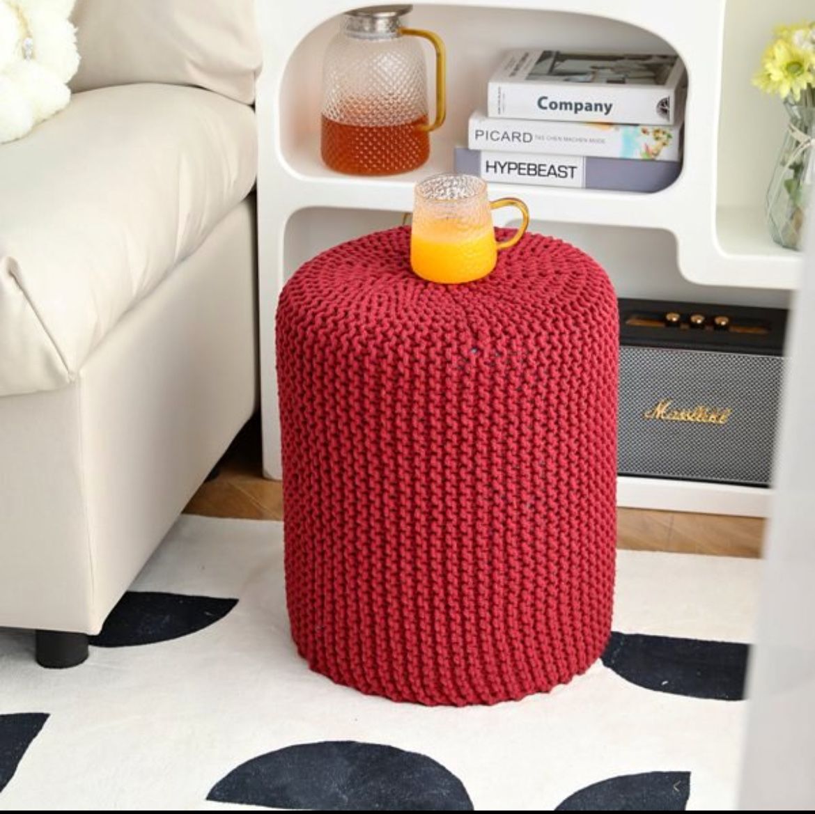Red Ottoman Poof, Hand Knitted Cotton Footrest, Pouffe Accent Chair, Sitting Braided Footrest