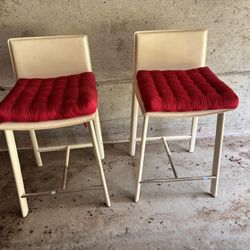 White Leather And Aluminum Bar Stools Pair With Red Cushions 