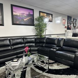Black Leather Sofa Sectional W/ 3x Power Recliners