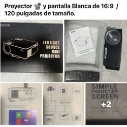 Proyector And White Screen Of 120 Inches Size 16:9