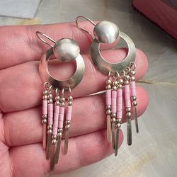 Southwestern Vintage Sterling Silver Fringe Dangle Earrings Pink