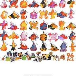 Halloween Mini Fidget Pop Keychain - Trick or Treat Toys Bulk Cheap Non Candy - Goodie Bag Stuffers for Kids (48 Keychain + 48 Stickers)