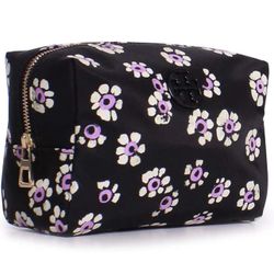 Brand New Tory Burch BLACK STAMPED FLORAL Makeup Bag Retail: $86.00 Pick Up Only 77090