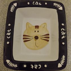 CAT BLACK AND WHITE CERAMIC FOOD/WATER RECTANGLE SHAPE SERVING DISH WITH CAT ON INSIDE BOTTOM 