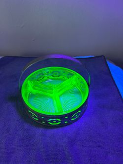 Uranium Glass Dish / Candy Tray With Metal Basket