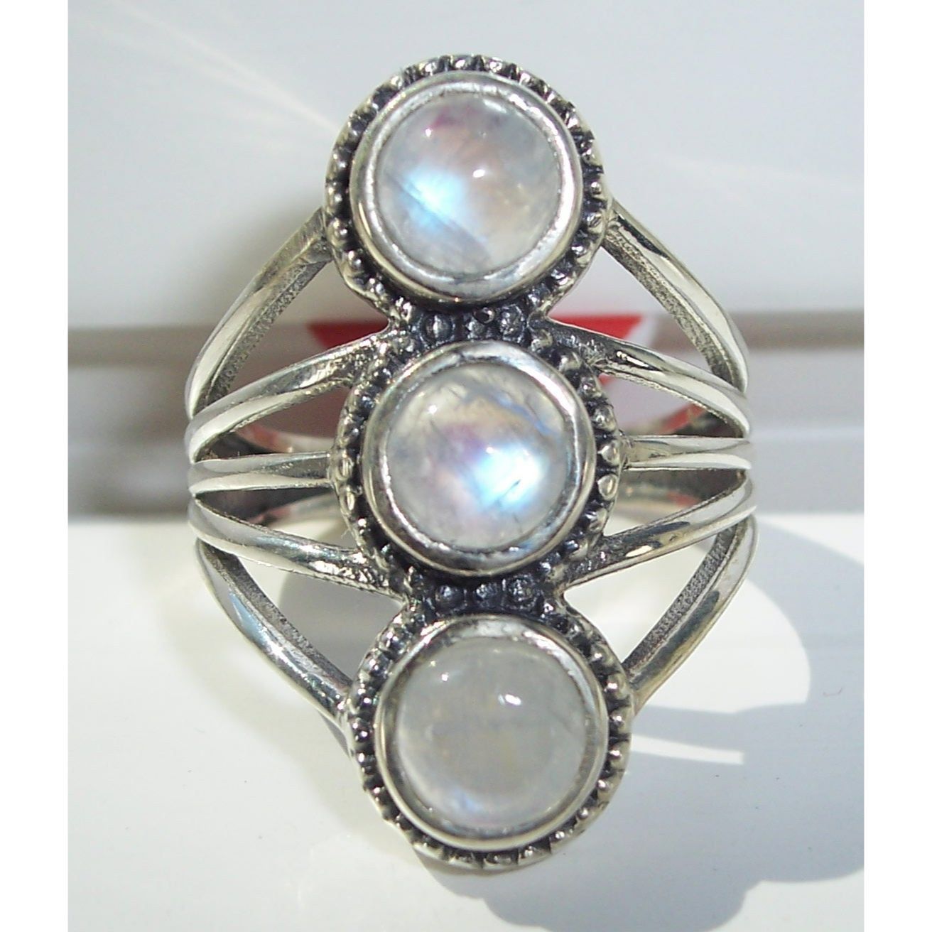Size 8, 925 Sterling Silver Genuine Rainbow Moonstone Statement Ring