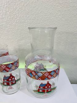 vintage glassware, farmhouse décor, cottage kitchen, country house glasses, juice set, iced tea pitcher, retro drinkware.
