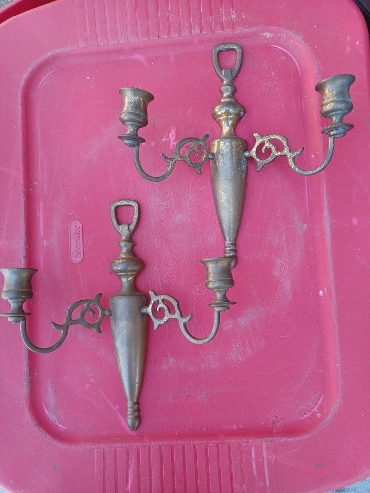 Vintage Pair of Brass Wall Candle Holders