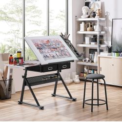 Height Adjustable White Art Desk for Adults, Tilting Tabletop Drafting Drawing Table with Extra Large Desktop and Drawers, Foldable Stand up Craft Pai