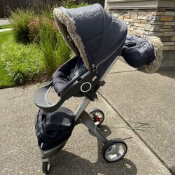 stokke xplory stroller navy blue and winter kit