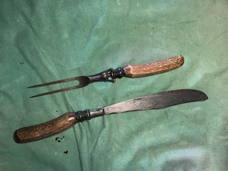 Antique Landers Fray & Clark Aetna Works stag handle, sterling, 2pc carving set vintage