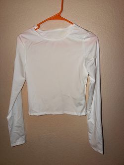 White Long Sleeve Crop Top Crewneck Slim Fit Stretchy Blouse Size M