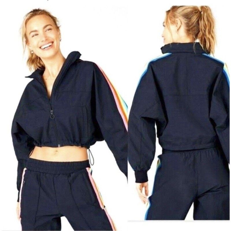 Fabletics Women's Black Rainbow Stripe Lightweight Hooded Jacket - M