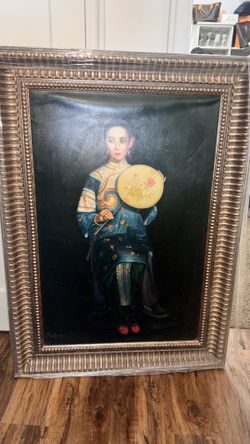 Large Vintage Asian/Vietnamese Portrait Oil Painting in Ornate Gold Frame – Original Signed Artwork