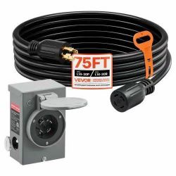 49# 30 Amp Generator Cord and Power Inlet Box, 75 FT, 125/250V NEMA L14-30P to L14-30R Heavy Duty Extension Power Cord, SJTW 10 Gauge 7500W, Pre-Drill