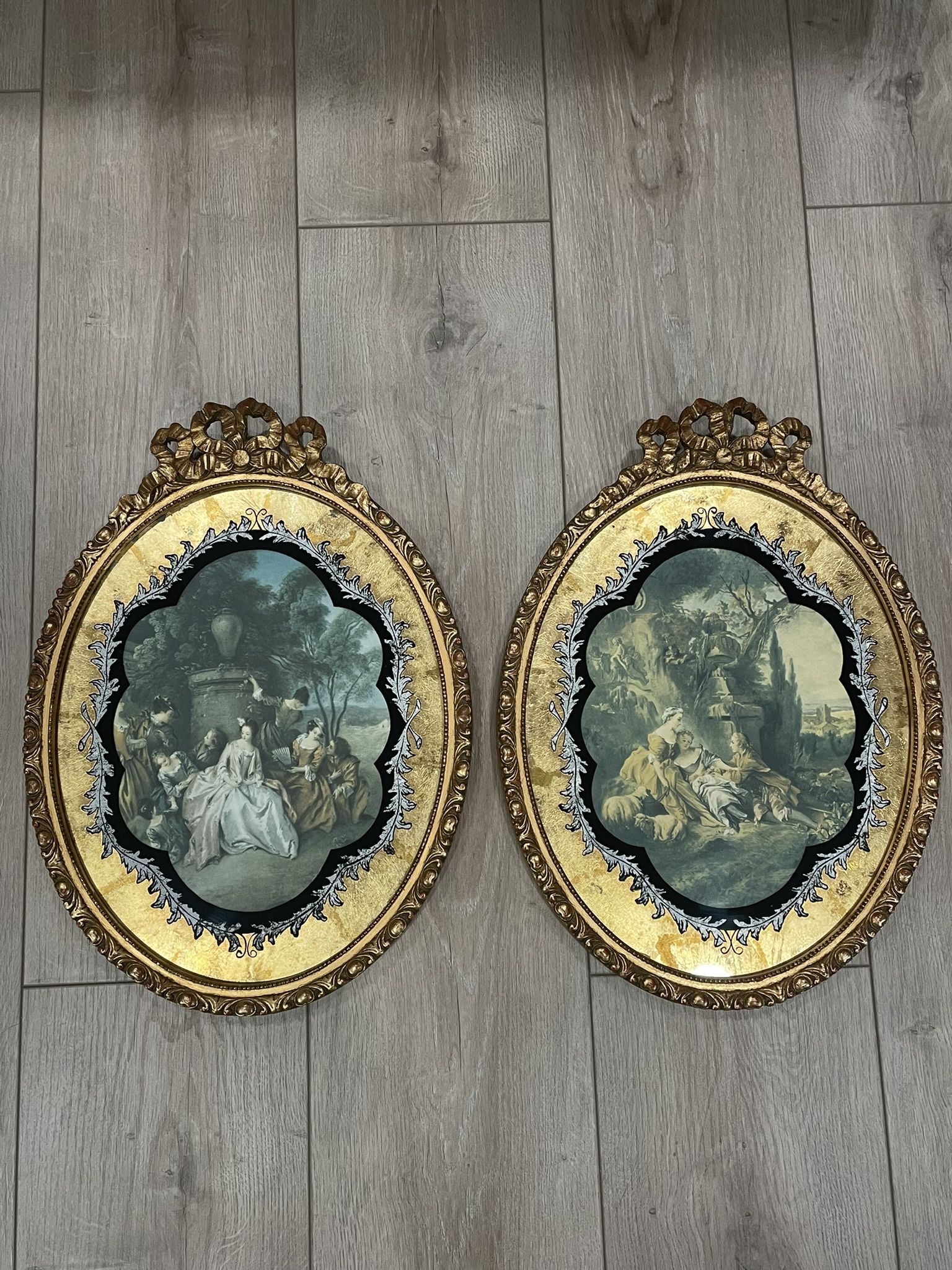 (2) Beautiful 16” Vintage Gold Tone Bow Frame Prints - Wall Hanging Art Home Decor