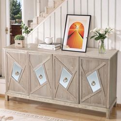Side Board with Square Mirror, Modern 4-DoorStorage Cabinet with Mirrored Decorative Doors, Cabinet for Bedroom,Living Room,Office,Easy Assembly, Wood