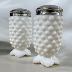 Vintage Milk Glass Hobnail Salt & Pepper Shakers Footed Pair - Collectible