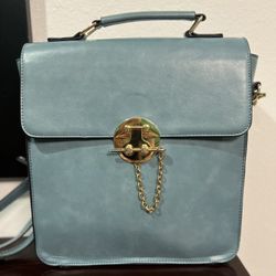 Ecosusi Structured Top Handle Satchel – Blue Vegan Leather w/ Gold Lock
