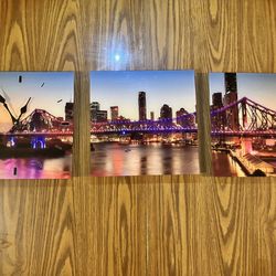 ICONIC BRISBANE NIGHTTIME PANORAMA: Story Bridge Triptych Glass Wall Clock