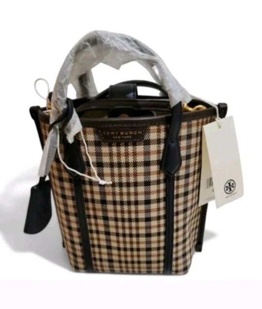 Tory Burch Mini Perry Plaid Canvas Tote Bag