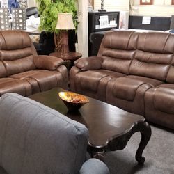 Brand New Brown Gel Leather Manual Reclining Sofa + Loveseat 2PCs Set