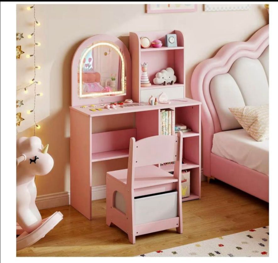 Kids Vanity Table with Chair, LED Mirror, and Storage Shelves, Pink