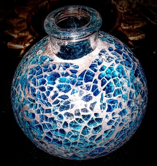 Cobalt Blue Glass Mosaic Clay Decorative Diffuser Bud Vase Home Decor Rose and Yellow Gold Leaf Accents.
