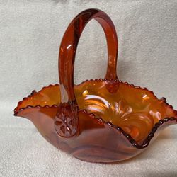 Rare Vintage Smith Glass Amberina Iridescent Carnival Glass Basket