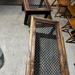 Antique Solid Wood and Metal Coffee Table and End Table (Heavy) Glass tops are missing 