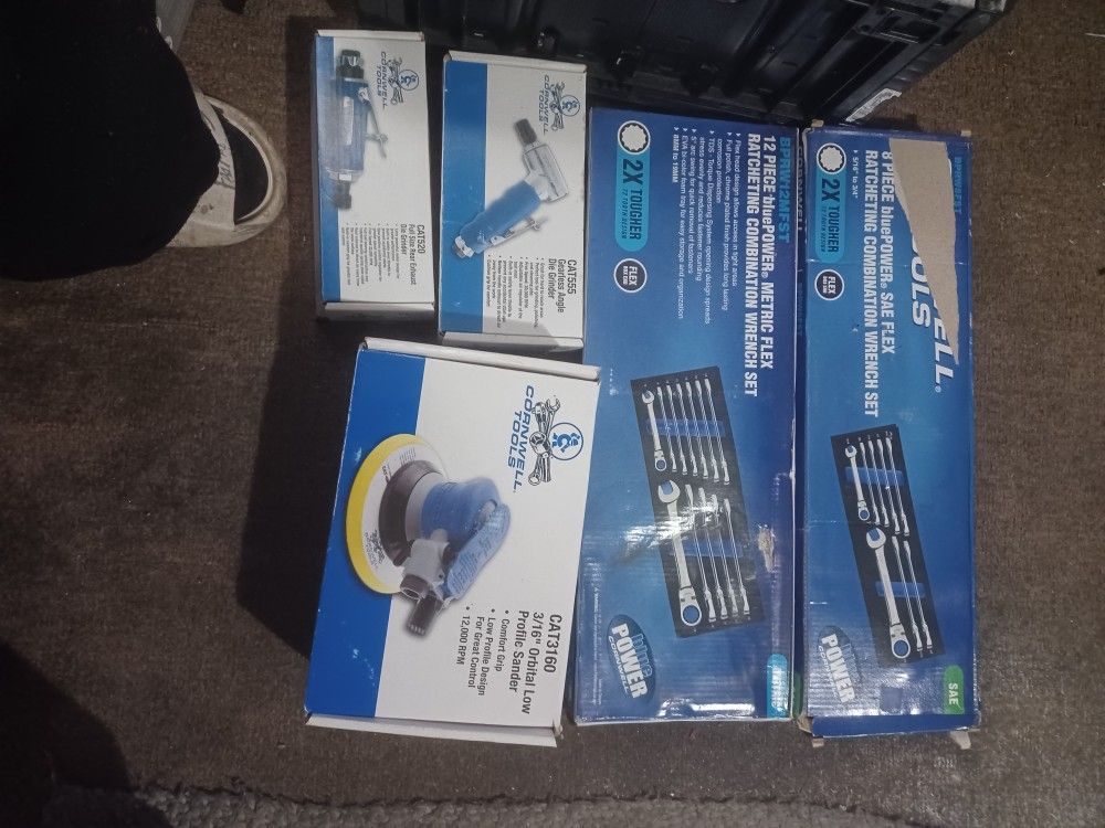 Cornwell Tools. Angle Grinder, Die Grinder, 3/16 Low Profile Sander, 8 Piece Sae Flex Rachet Wrench Set, 12 Piece Metric Flex Rachet Wrench Set